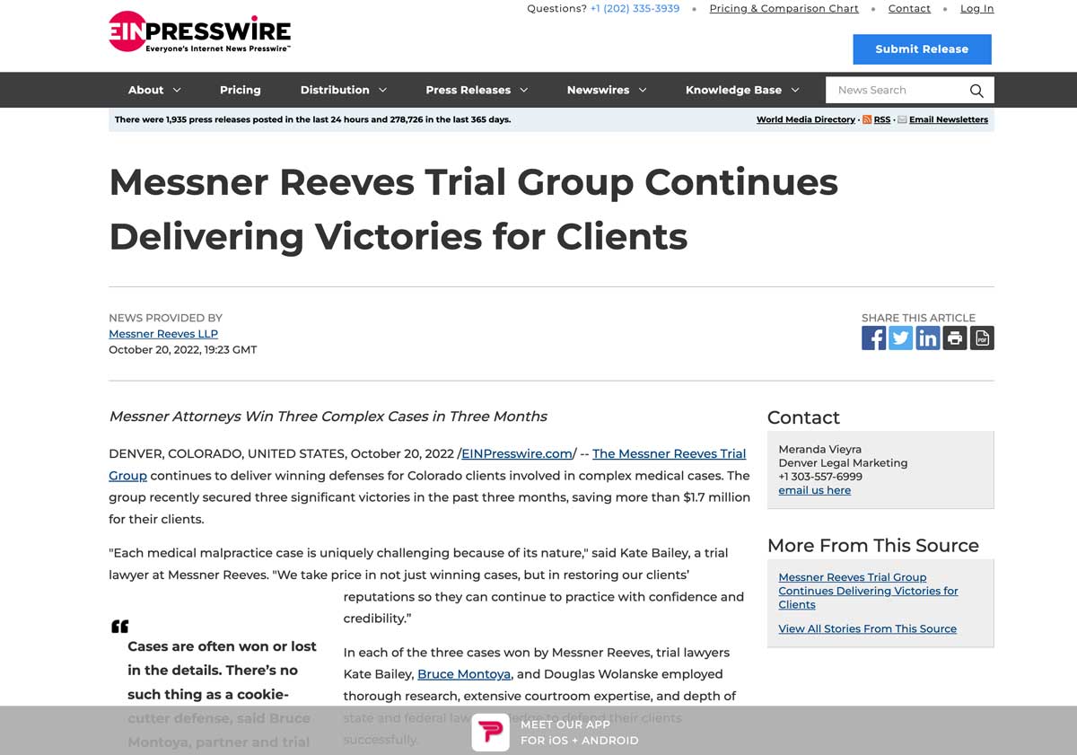 Messner Reeves Trial Group Wins Another Medical Malpractice Case for Plastic Surgeon